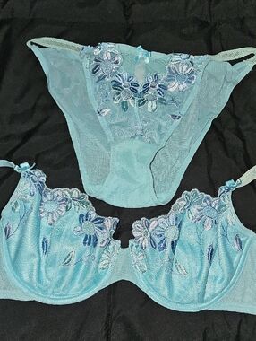 Victoria's Secret Light Blue Floral Embroidered Underwire Bra & Bikini